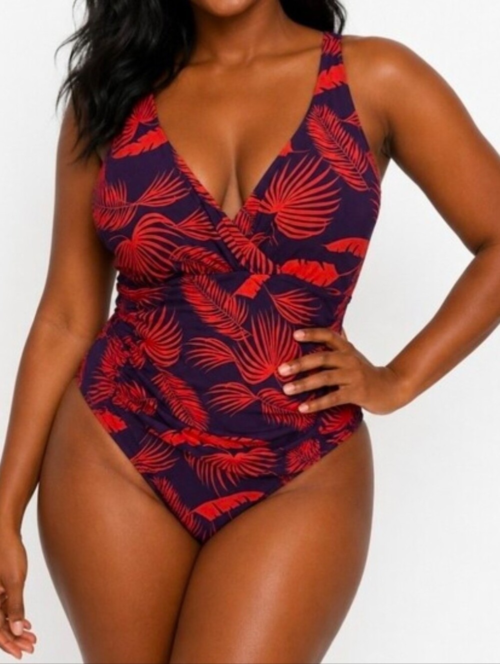 Boden Talamanca Purple Tropical Palm Leaf Ruched One Piece Bathing Suit Size 6